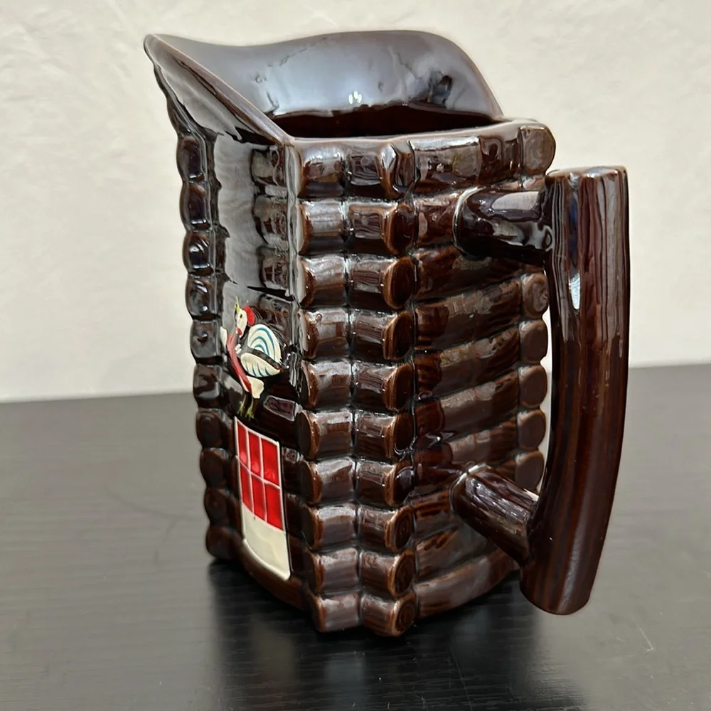 Brown Luster Ceramic Log Cabin Vintage Pitcher